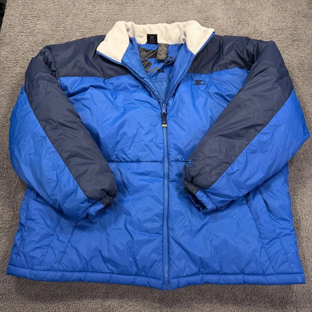 VTG Starter Jacket Mens 2XL Blue Puffer Down Full Zip Fleece Collar Ripstop